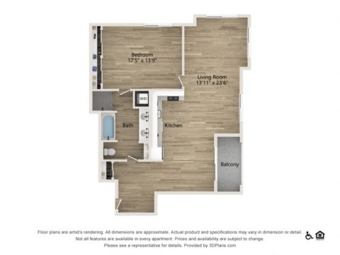 Floor plan for 1 bed, 1 bath, 1228 sqft